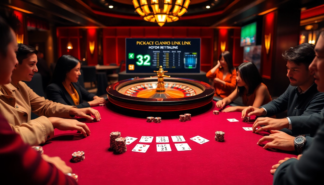 Engaging players at an elegant casino poker table with vibrant chips highlighting the 32WIN Link experience.