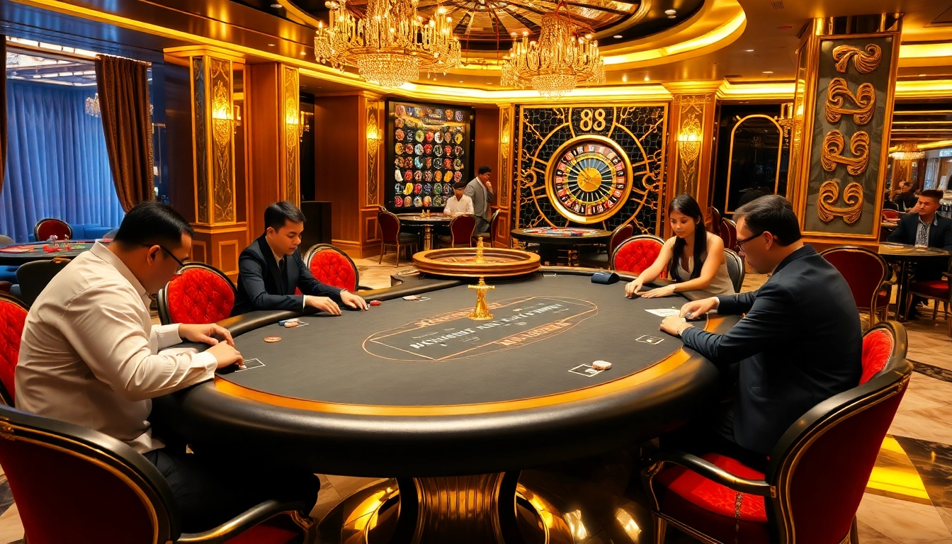 Mu88 casino poker table with players engaged in an exciting gambling experience.