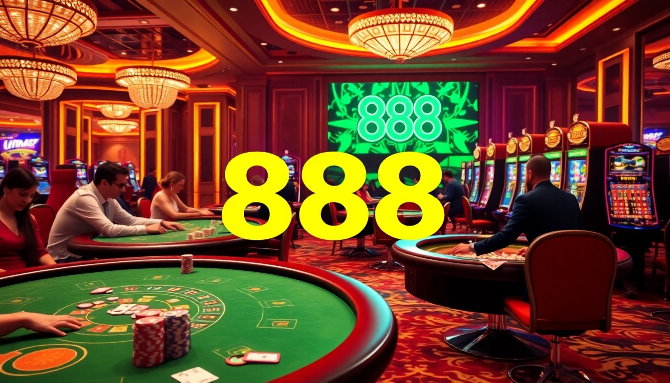 Experience excitement at u 888 with players at blackjack and roulette tables in a luxury casino.