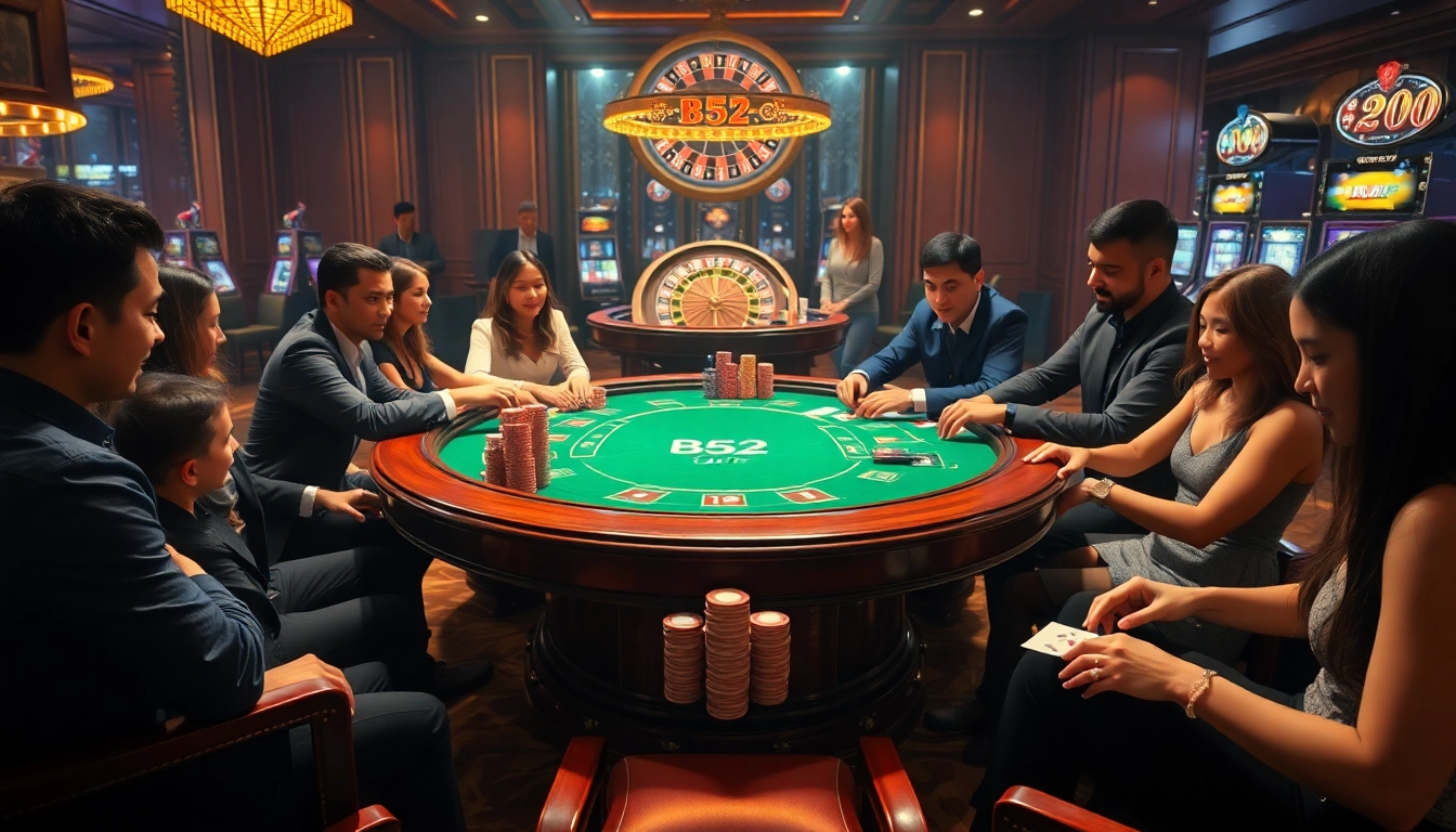 B52.club poker table scene with players and vibrant casino atmosphere.