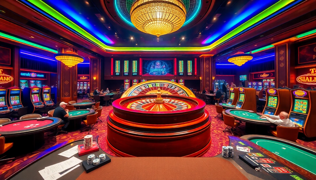 Exciting casino scene with players engaging in lô kép hôm nay games and vibrant roulette wheel.