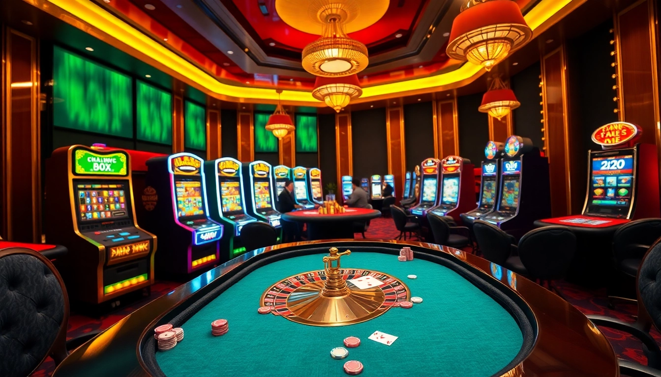 Exciting gaming action at nhà cái Man88's luxurious casino, featuring poker tables and vibrant slot machines.