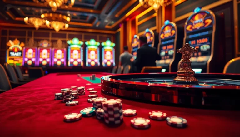 Experience the excitement of gambling at https://thabet.vegas/ with vibrant poker chips and a roulette table.