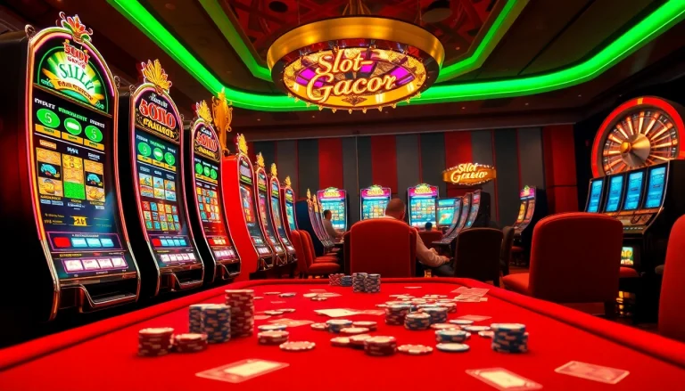 Experience the thrill of slot gacor with vibrant slot machines and an elegant casino setting.