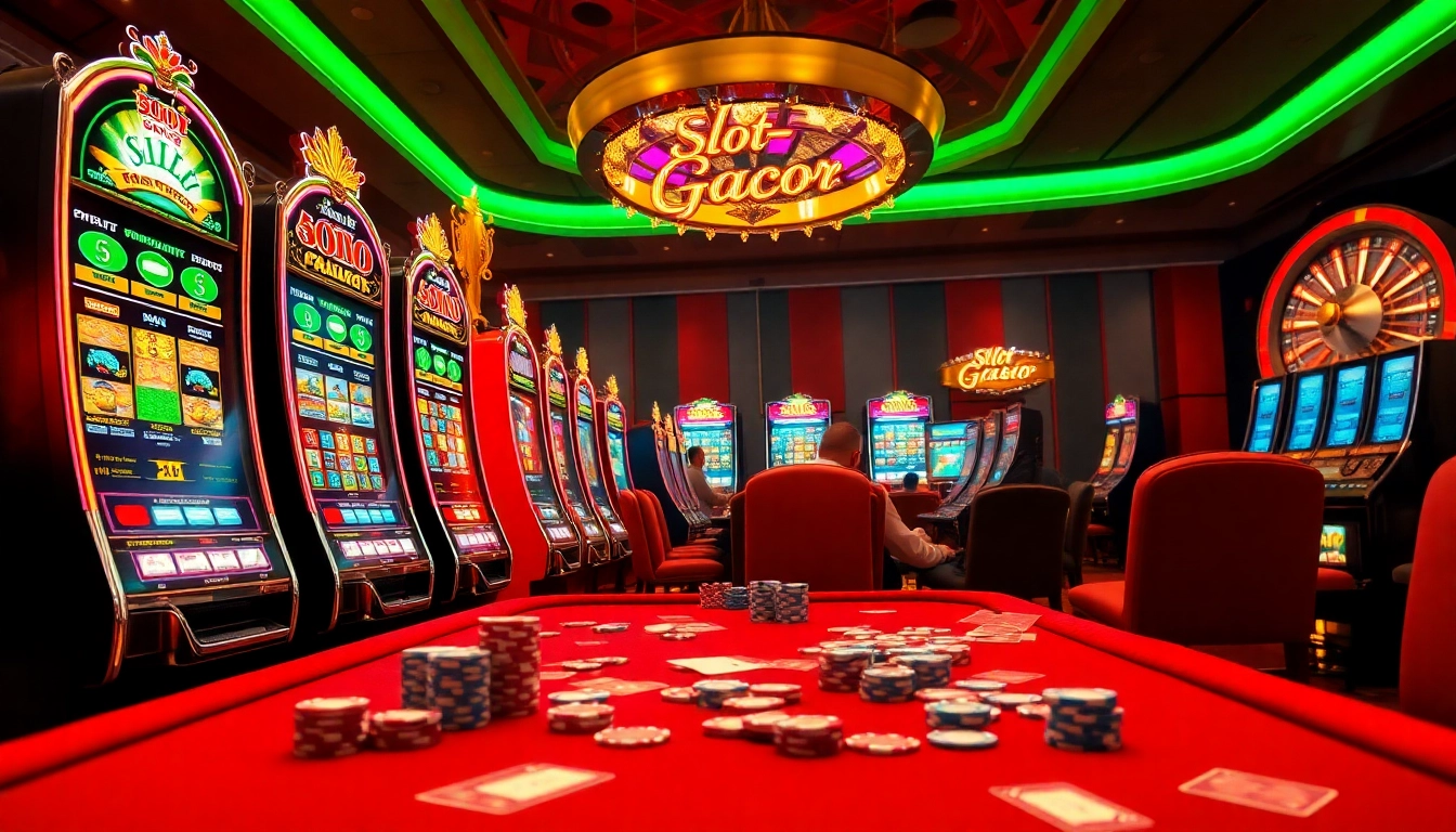 Experience the thrill of slot gacor with vibrant slot machines and an elegant casino setting.