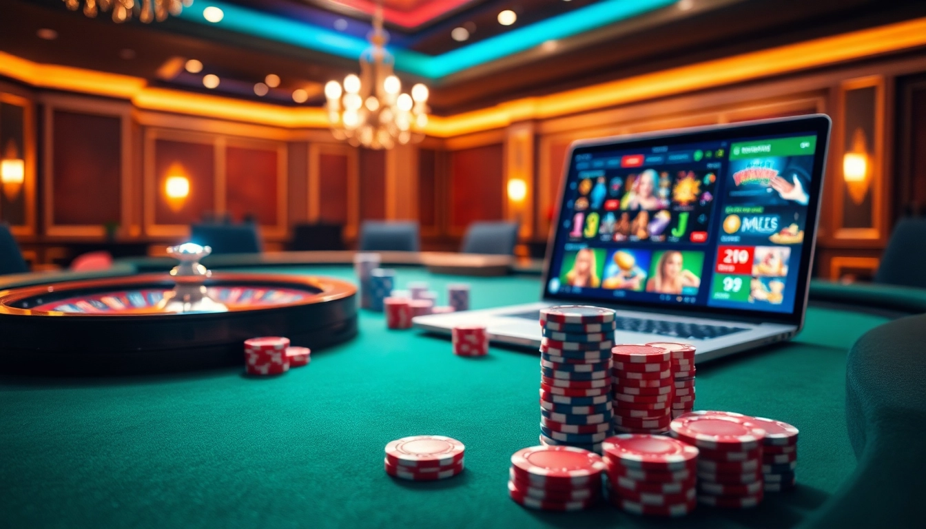 Experience the thrill of downloading 7xl as poker chips and a roulette wheel illuminate a vibrant casino scene.