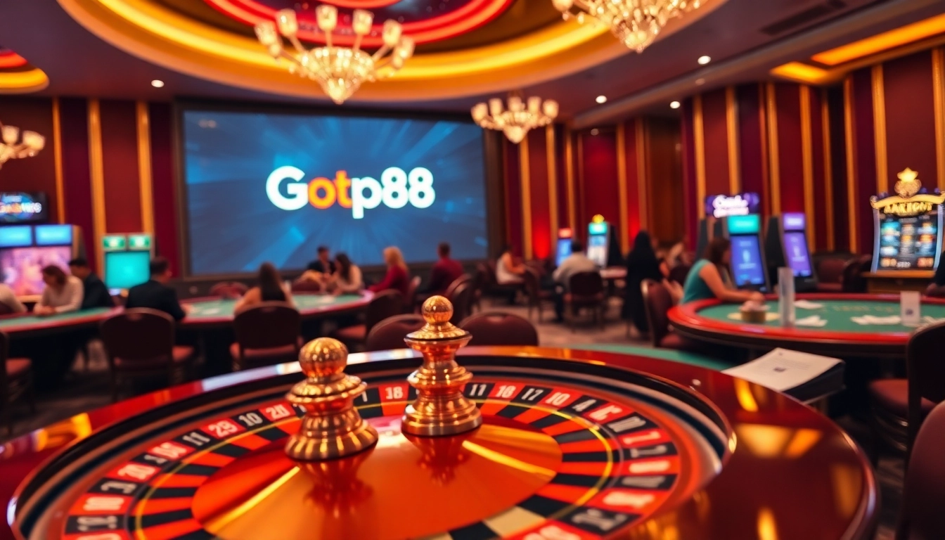 Gopay88 online gambling platform featured on a vibrant casino floor with poker tables and roulette.