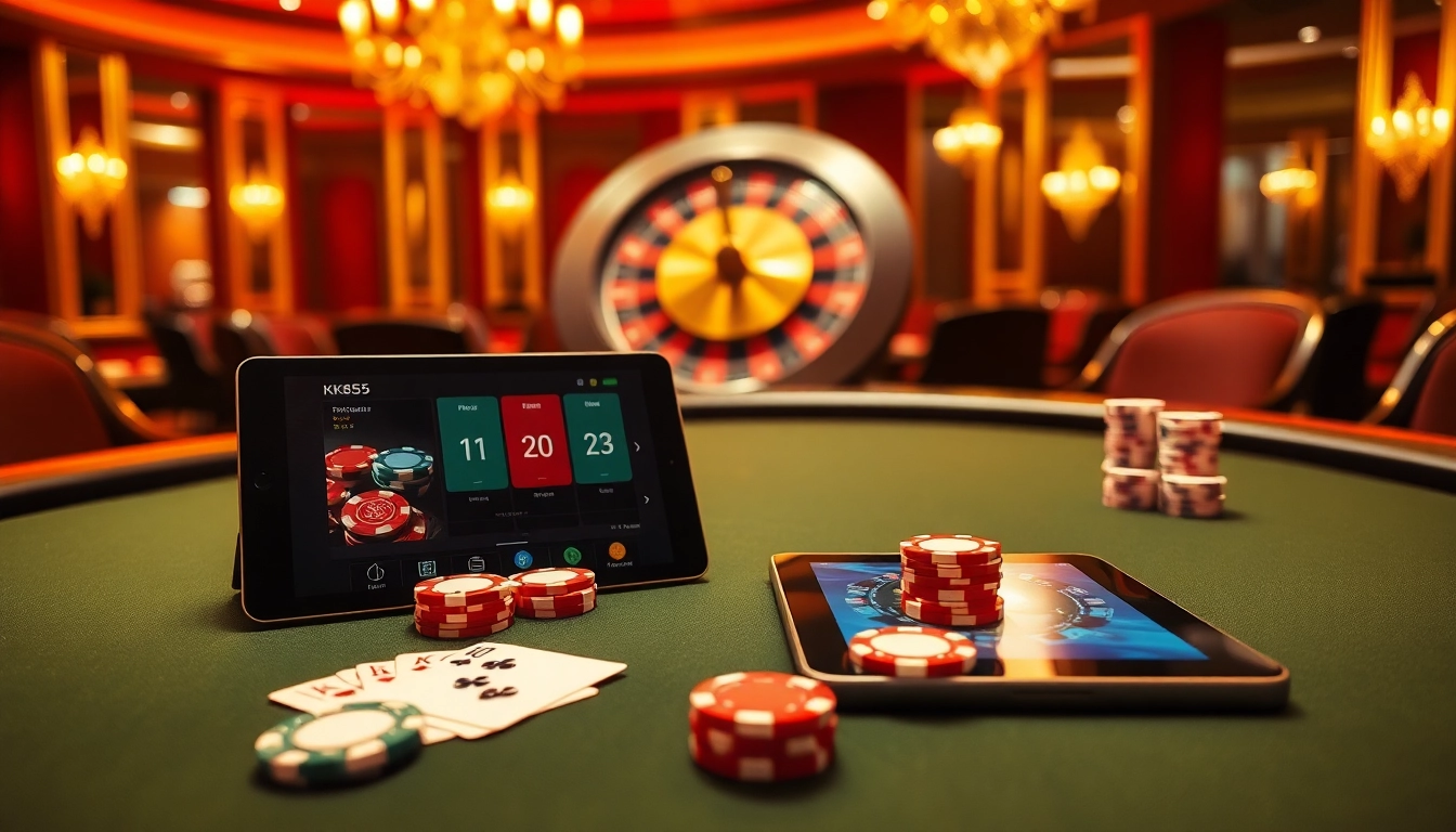 Players strategize at a KK55-themed poker table, surrounded by casino luxury and excitement.