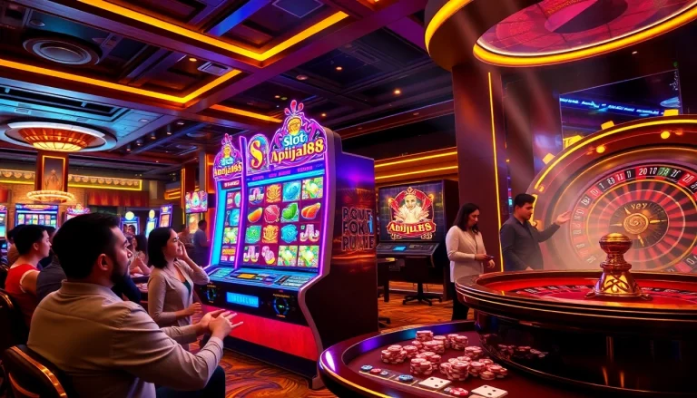 The vibrant slot apiraja88 machine surrounded by excited players captures the essence of casino gaming.