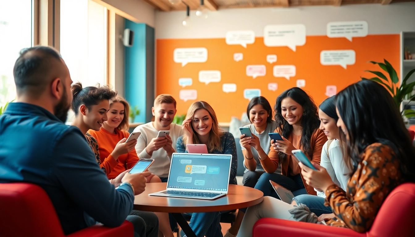 مشهد غرفة دردشة تفاعلية تُظهر شات الرياض مع مستخدمين متنوعين يتصلون رقميًا، أجواء حيوية ومرحبة.