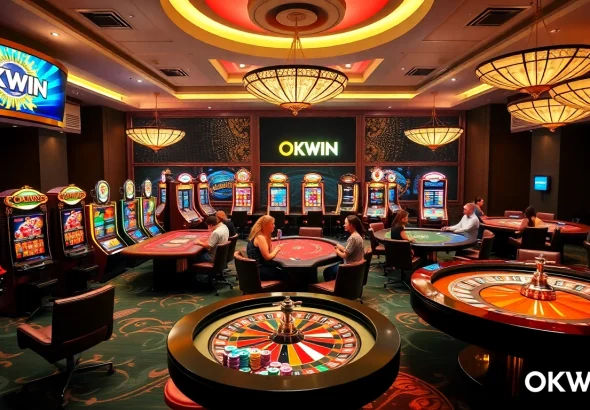 Experience the thrill of winning at OKWIN with vibrant gaming tables and exciting slot machines.