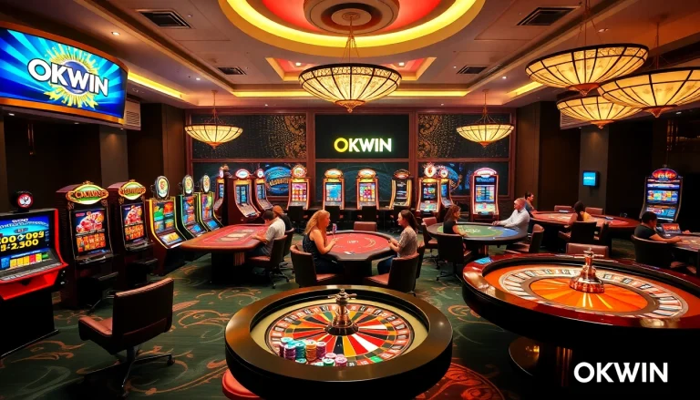 Experience the thrill of winning at OKWIN with vibrant gaming tables and exciting slot machines.