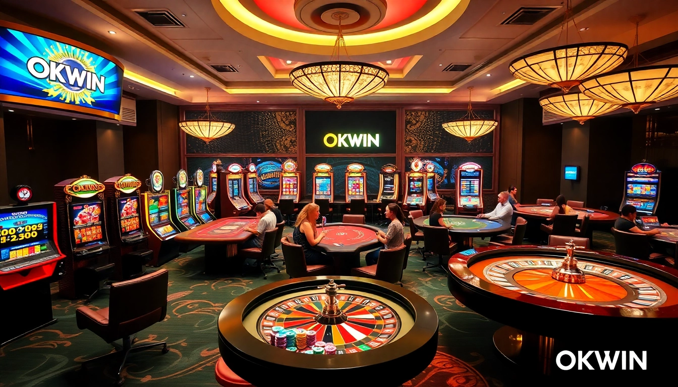 Experience the thrill of winning at OKWIN with vibrant gaming tables and exciting slot machines.