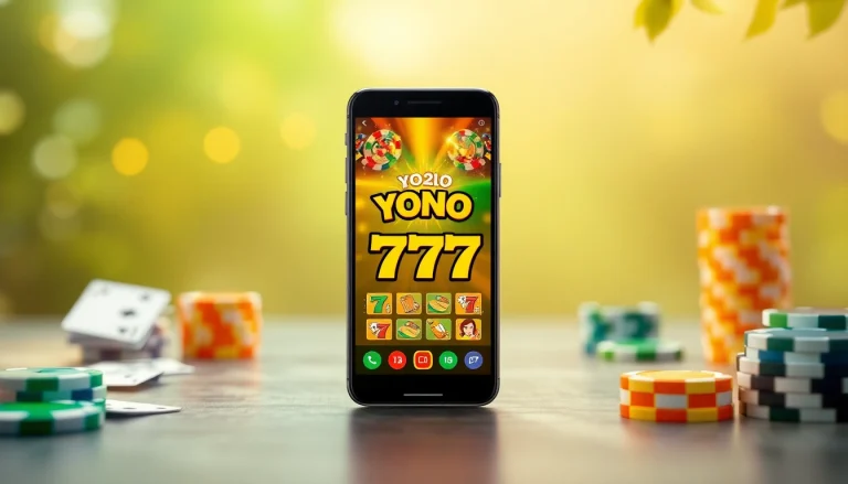A dynamic showcase of the Yono 777 mobile gaming app on a smartphone, featuring vibrant casino game graphics and playful elements.