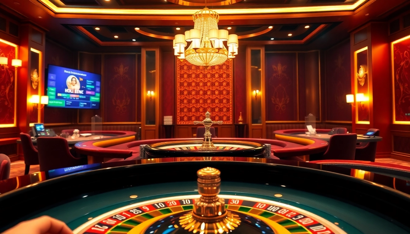 Experience the thrill of gambling at nhà cái Man88 with a luxurious casino environment featuring poker tables and roulette wheels.