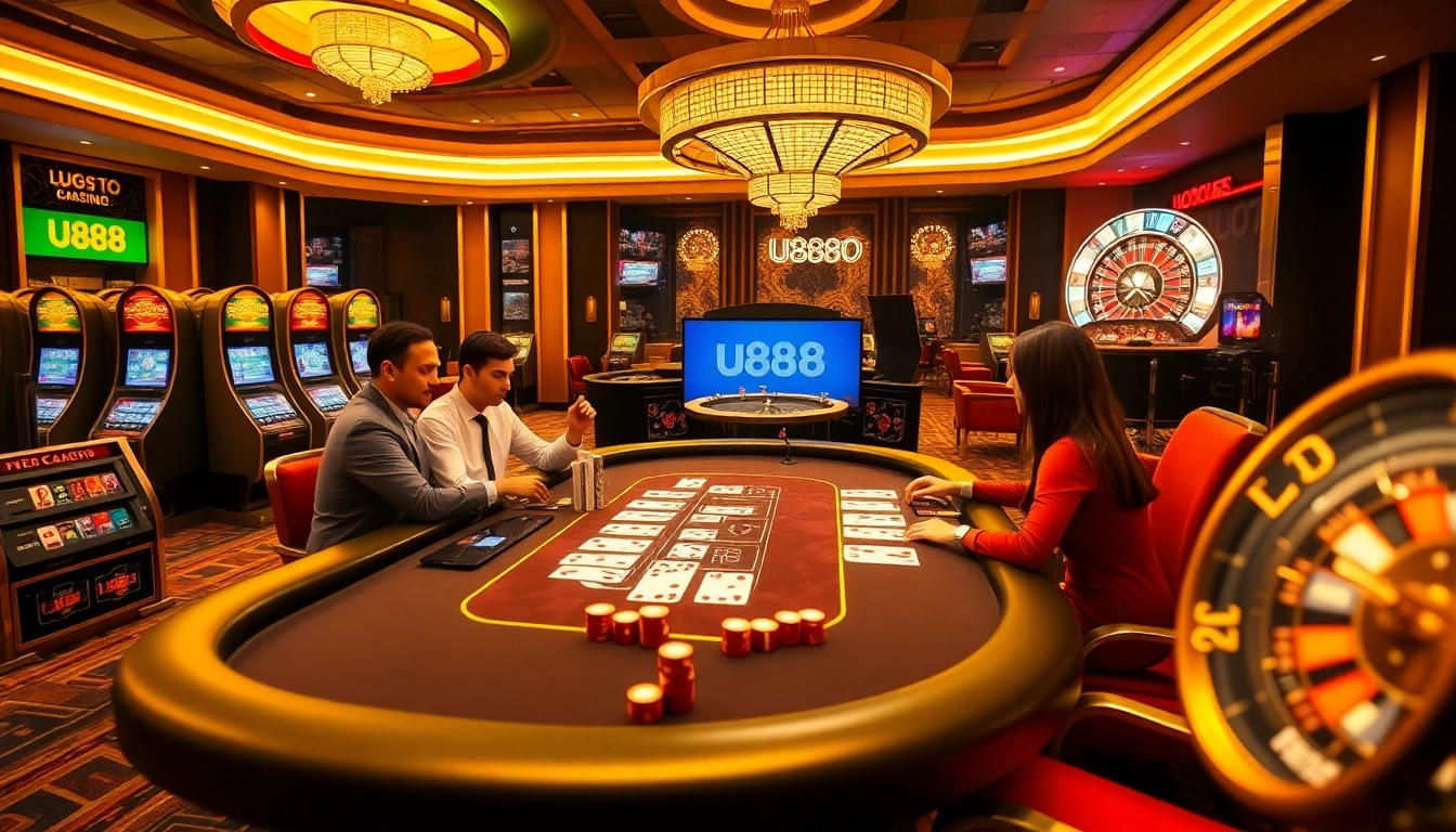 Experience excitement with u888 at a luxurious online casino featuring poker tables and slot machines.