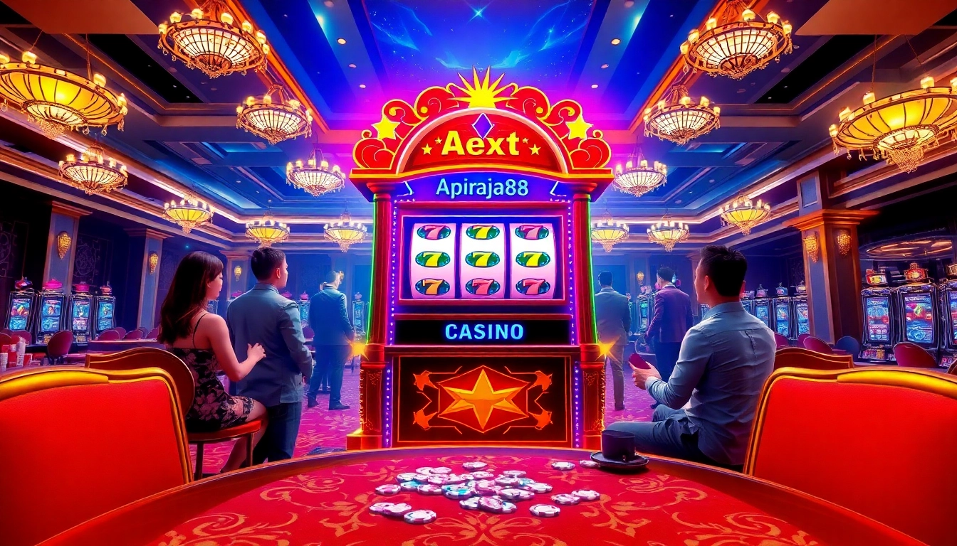 Experience excitement with slot apiraja88 in a luxurious casino, vibrant lights, and engaged players.