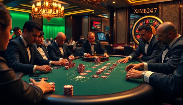 XSMB247 players strategizing at a luxury blackjack table in a vibrant casino atmosphere.