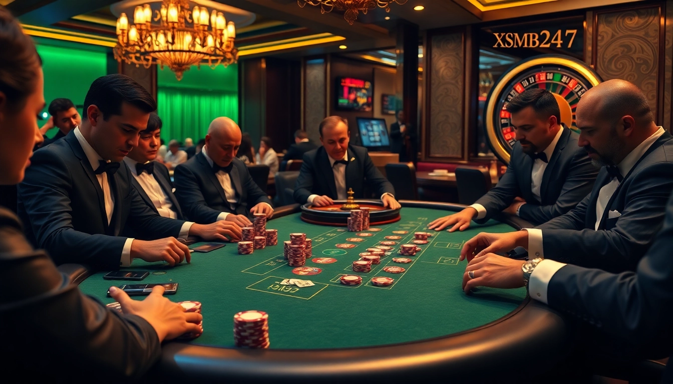 XSMB247 players strategizing at a luxury blackjack table in a vibrant casino atmosphere.
