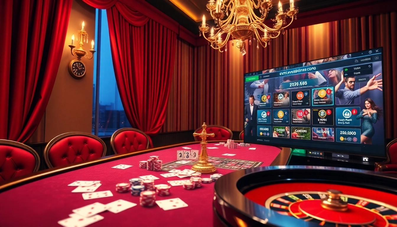 Players enjoying high-stakes poker at https://ev88vip1.cn.com/, surrounded by vibrant casino decor.