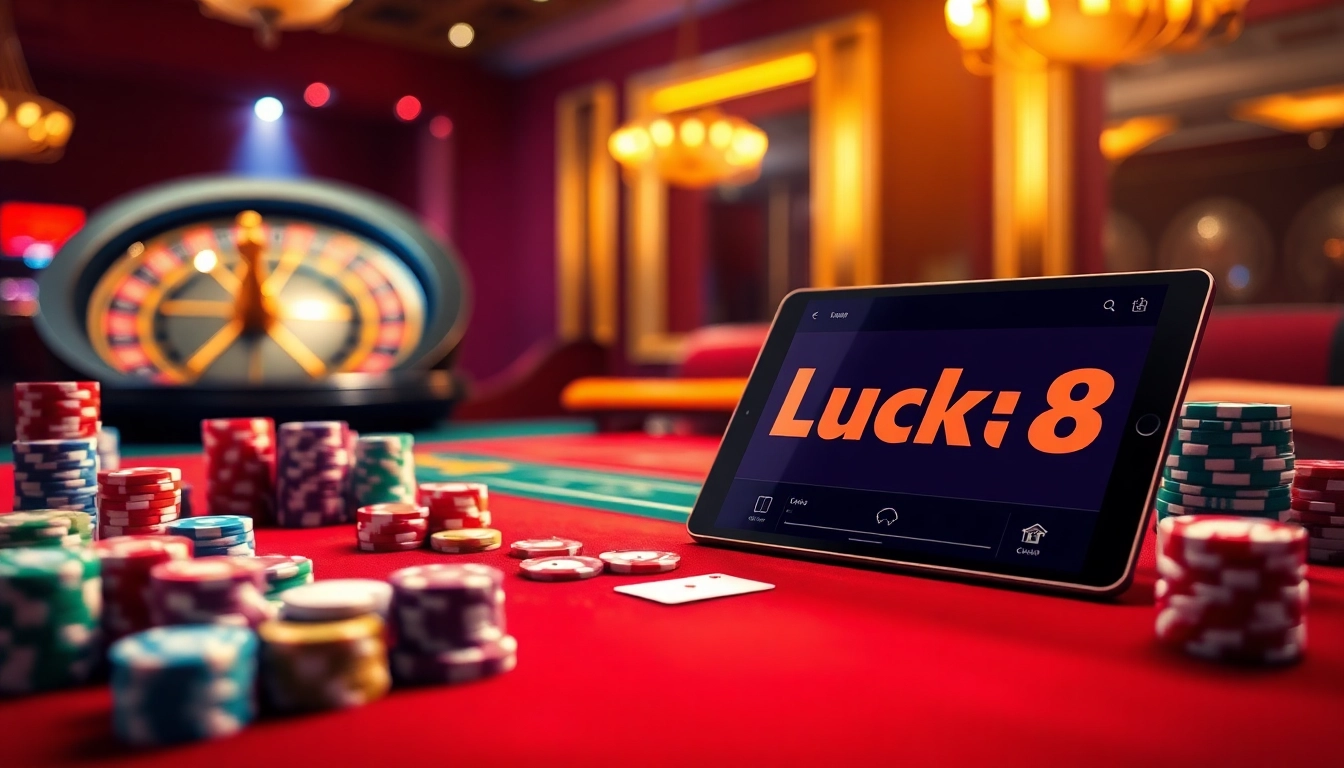 Experience thrilling gameplay with nhà cái luck8 at a lively casino table featuring poker chips and a roulette wheel.