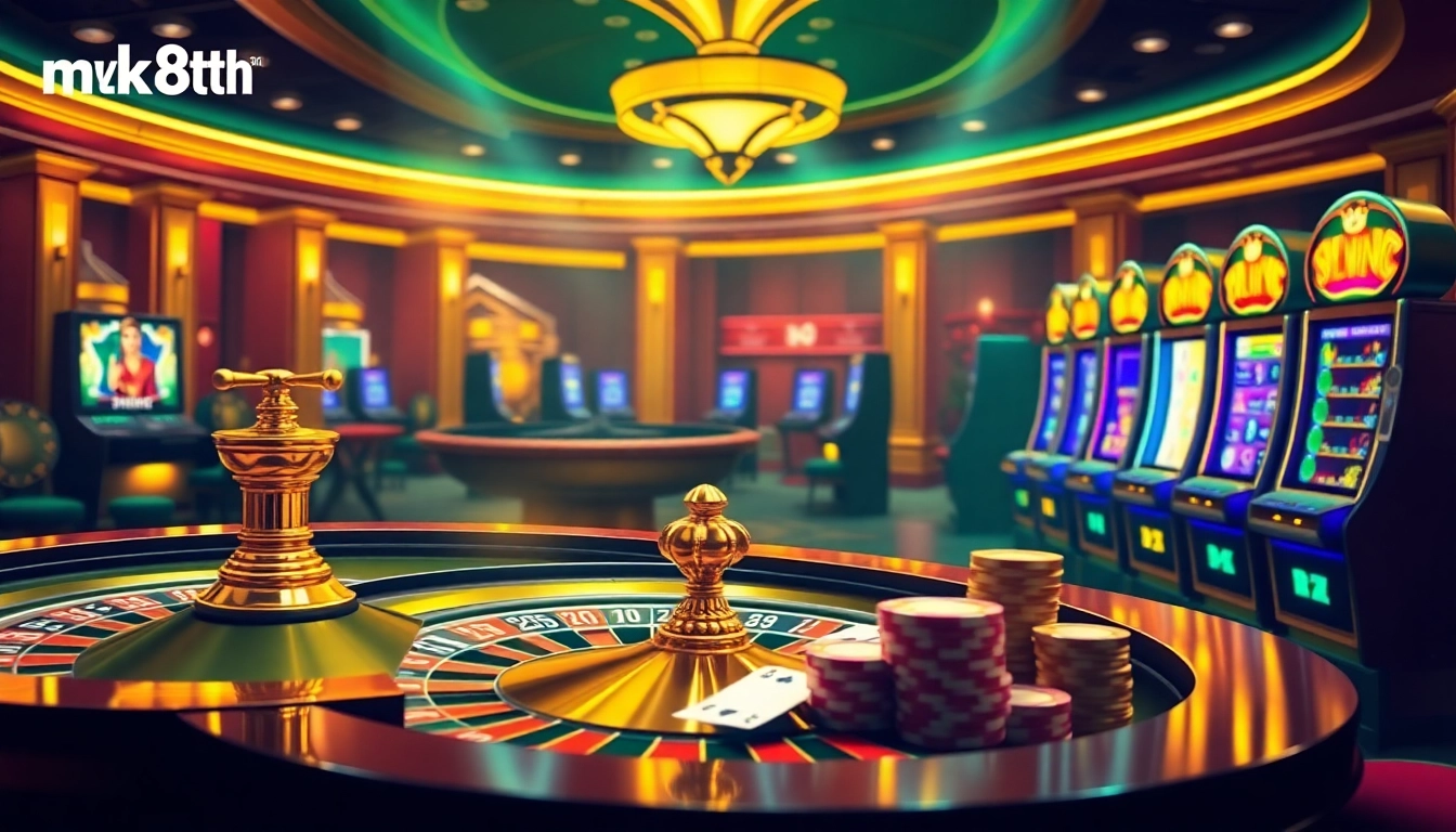 Engaging casino scene illustrating mk8th.net's online gambling excitement with roulette and slot machines.