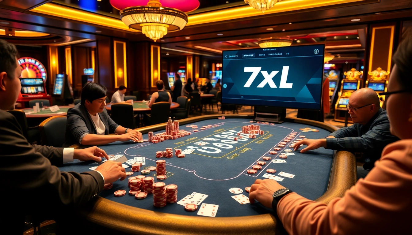 פעילות פוקר מרתקת בסביבה של קזינו תוסס, כולל ממשק אפליקציית 7xl ואלמנטים למשחק.