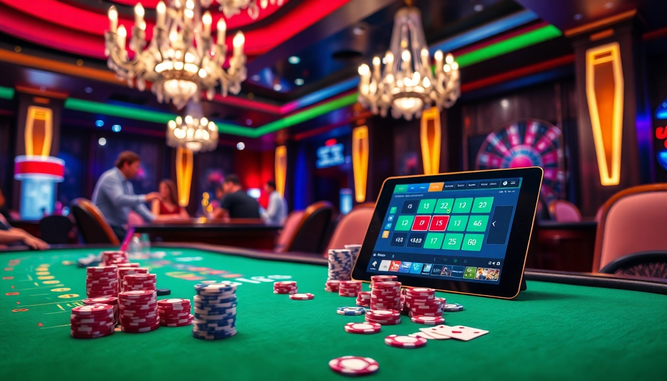 Exciting casino scene with players at a blackjack table and an online interface for rik vip gambling.