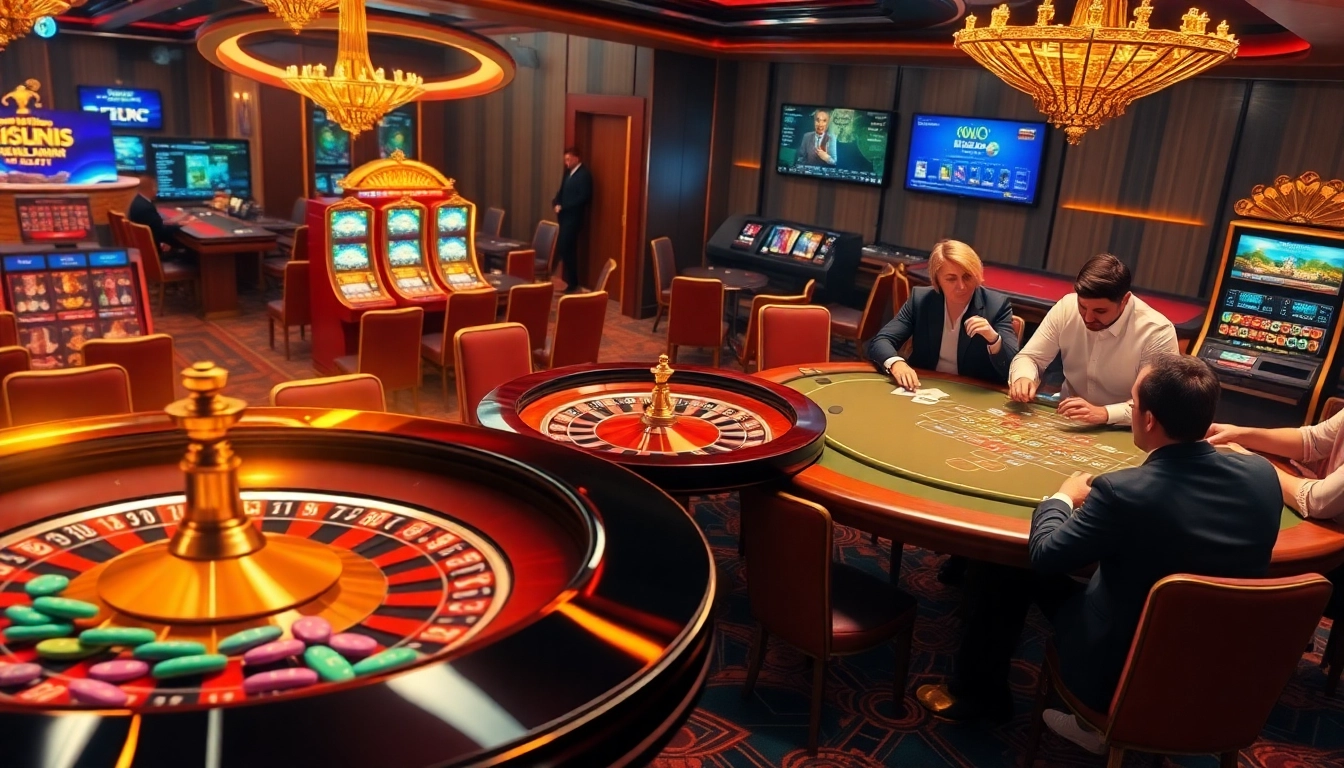 Players enjoy an exciting game at https://789club.quest/ featuring slots and roulette in a luxurious casino.