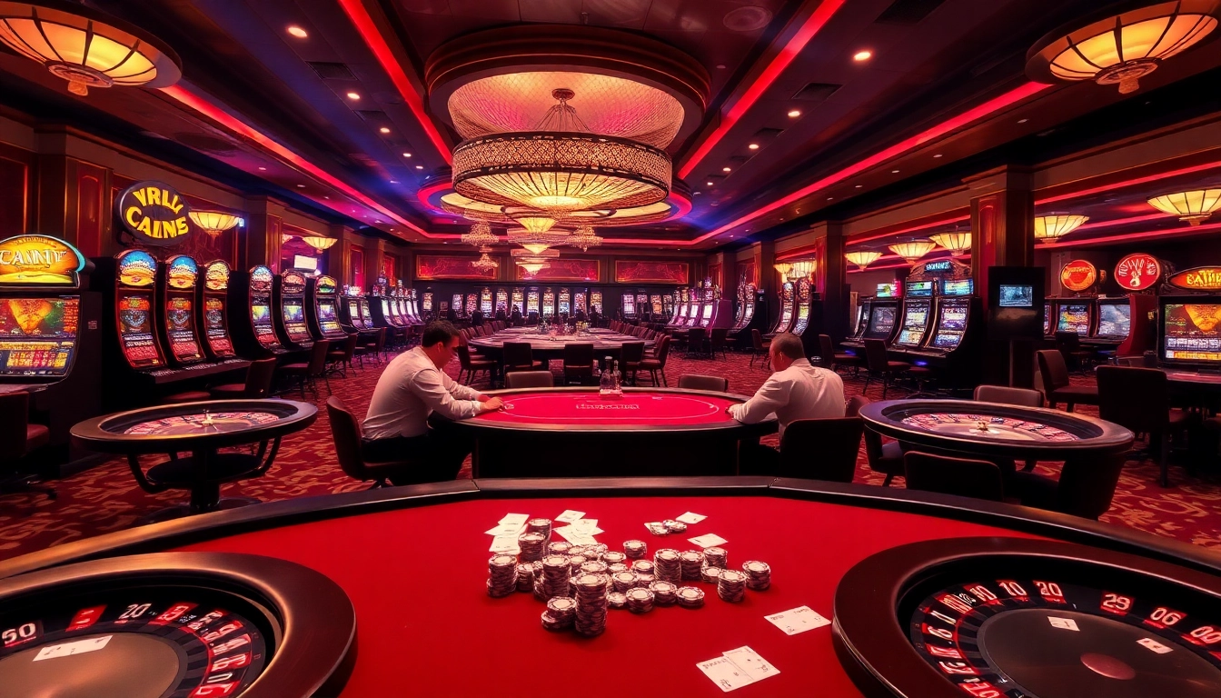 A thrilling poker game at a luxurious casino featuring rik vip elements like exclusive chips and vibrant tables.
