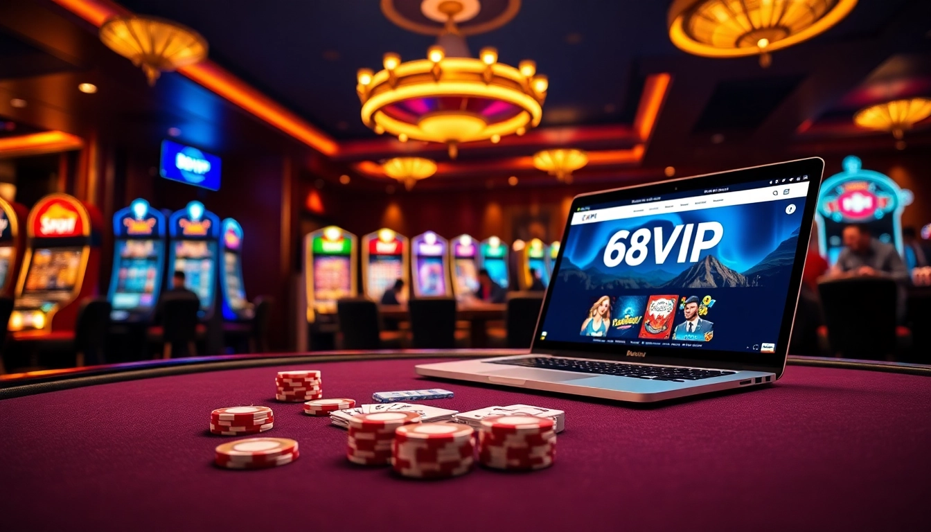 Experience the thrill of 68VIP online gambling with a luxurious poker table and vibrant casino elements.