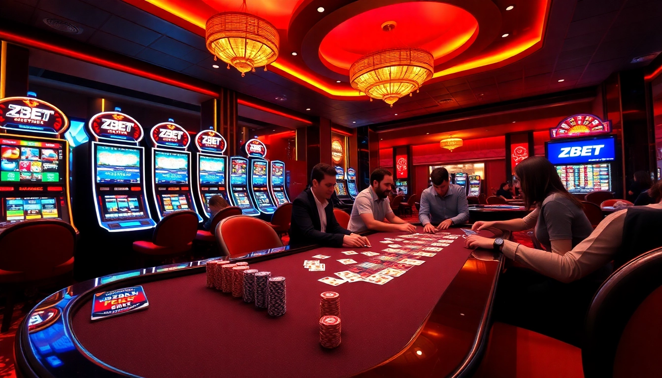 Players enjoy an exhilarating game at ZBET's online casino with vibrant poker chips and cards.