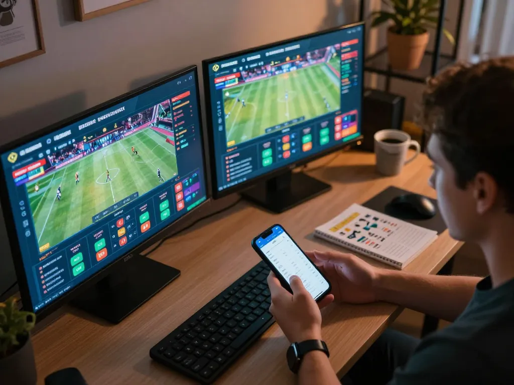 Person engaging in sports betting with net88 on multiple screens, highlighting a modern and strategic gaming setup.