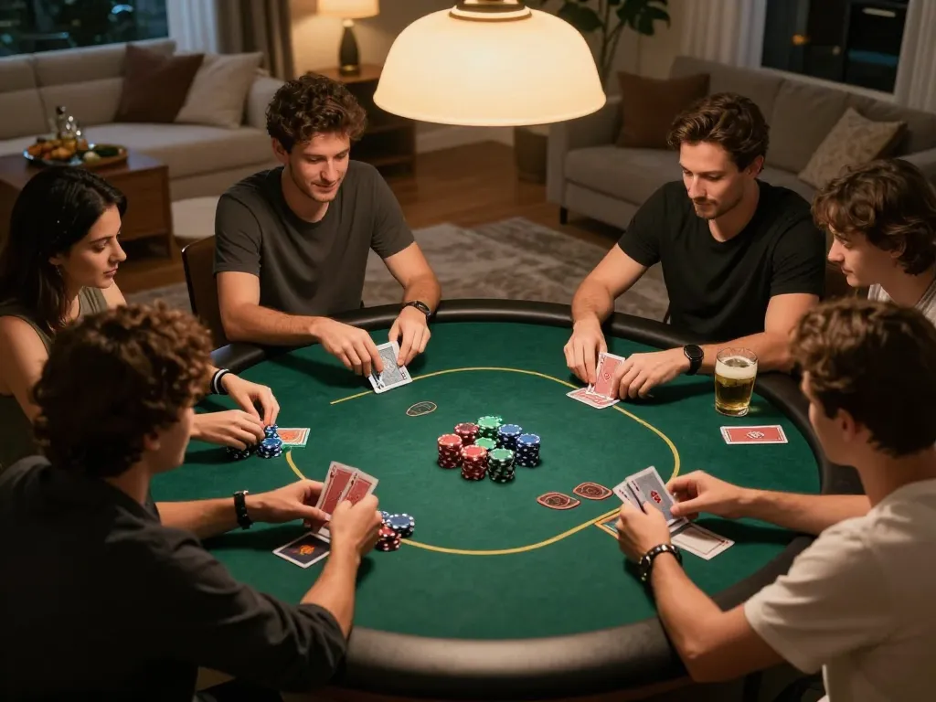 Friends enjoying a high-stakes poker game at home, showcasing strategic gameplay with Rik vip cards and chips.