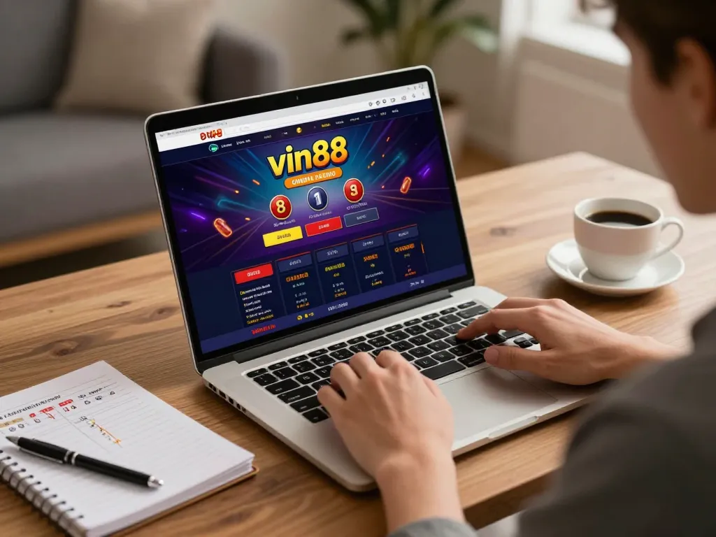Experience vin88 online casino gameplay with a user strategizing from home.