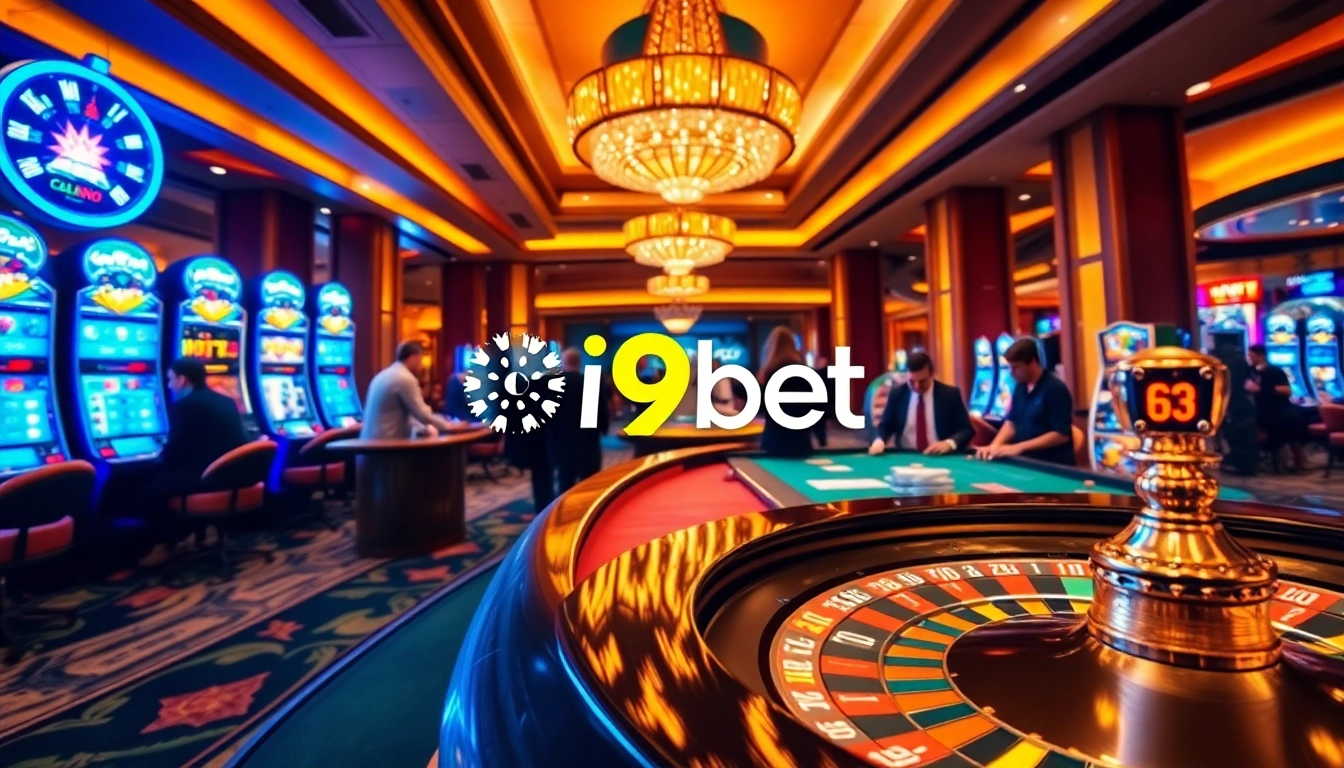 Exciting gaming atmosphere at i9bet casino with roulette wheel and poker table.