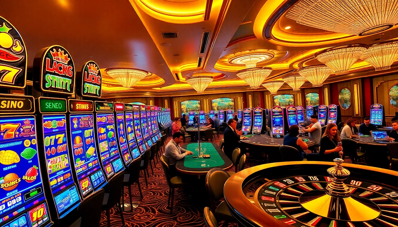 Exciting scene of players engaging with vibrant slots777 slot machines in a luxurious casino.