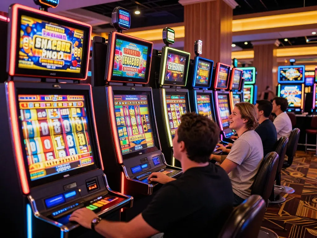 Pemain menikmati kegembiraan aman788 slot gacor di lingkungan kasino yang meriah dengan mesin slot berwarna-warni