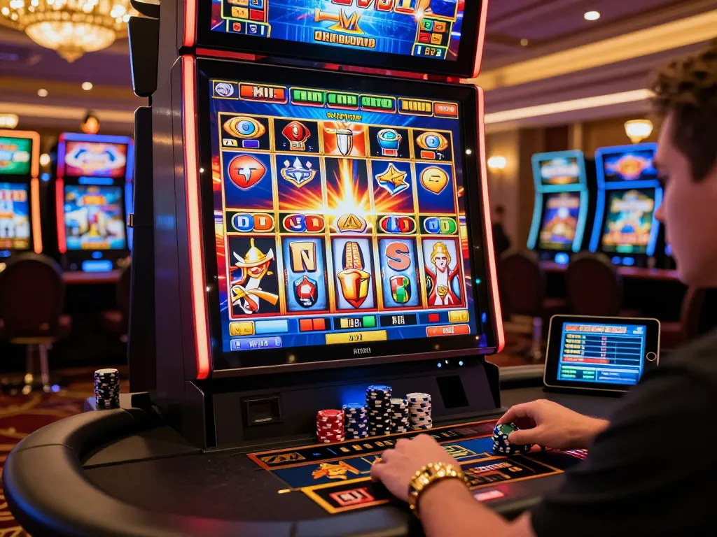 Skema permainan yang menarik di kasino situs slot online dengan pemain memutar gulungan slot yang berwarna-warni.