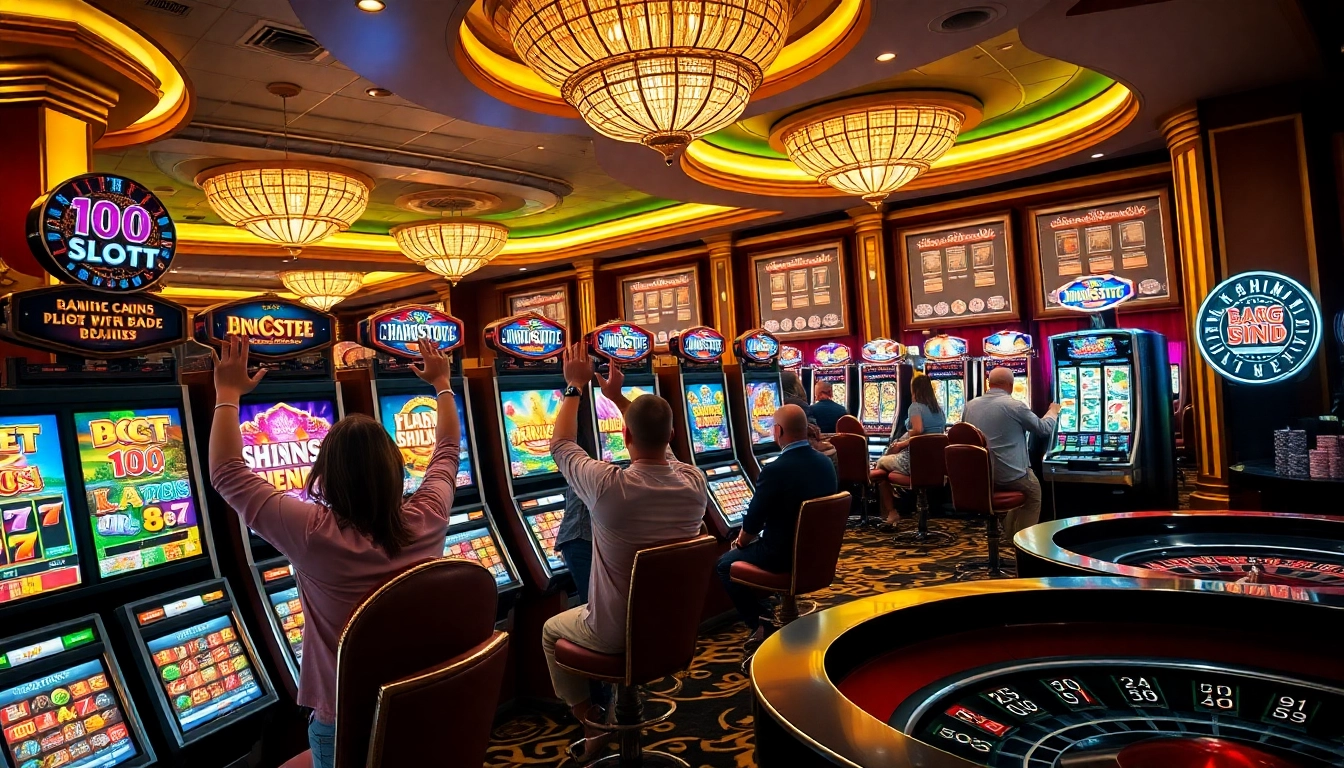 Players celebrating at the vibrant idnslot gaming area filled with colorful slot machines.