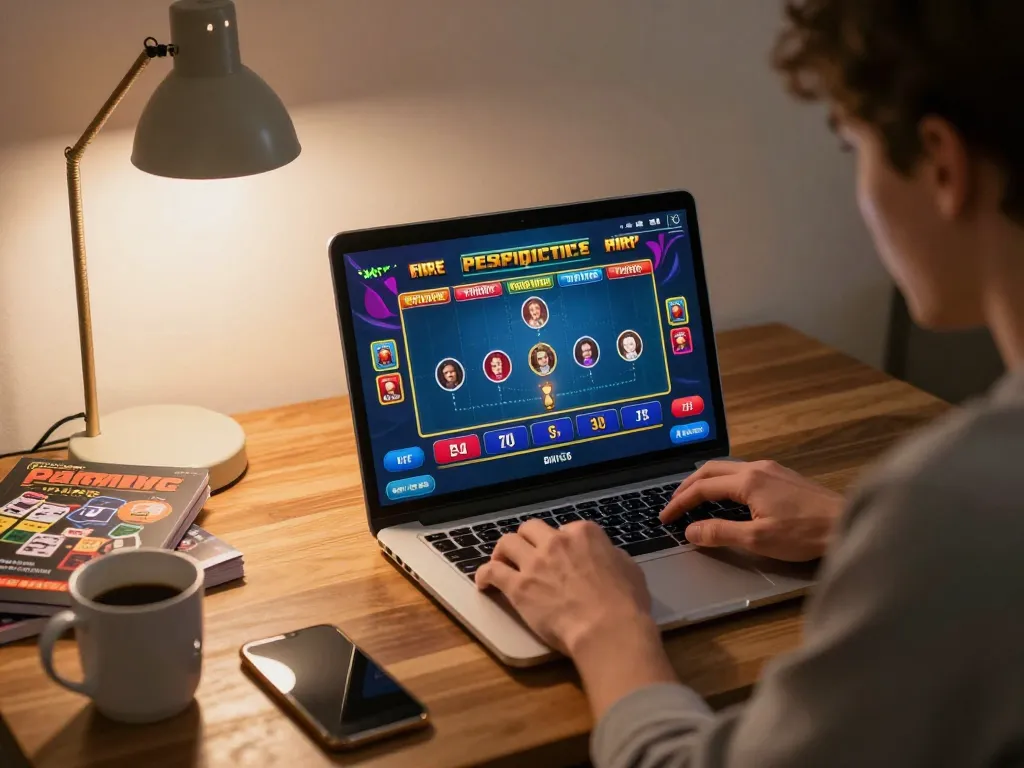 Engaging in online gaming at Trang chủ ok8386 with a laptop setup, showcasing vibrant game interface.