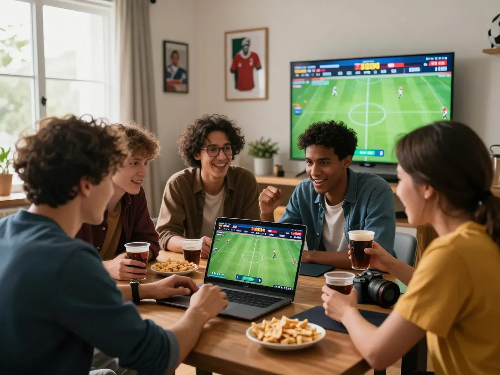 Sekelompok teman menikmati taruhan online dengan agen judi bola, mendiskusikan peluang dan pertandingan olahraga dalam suasana yang hidup.
