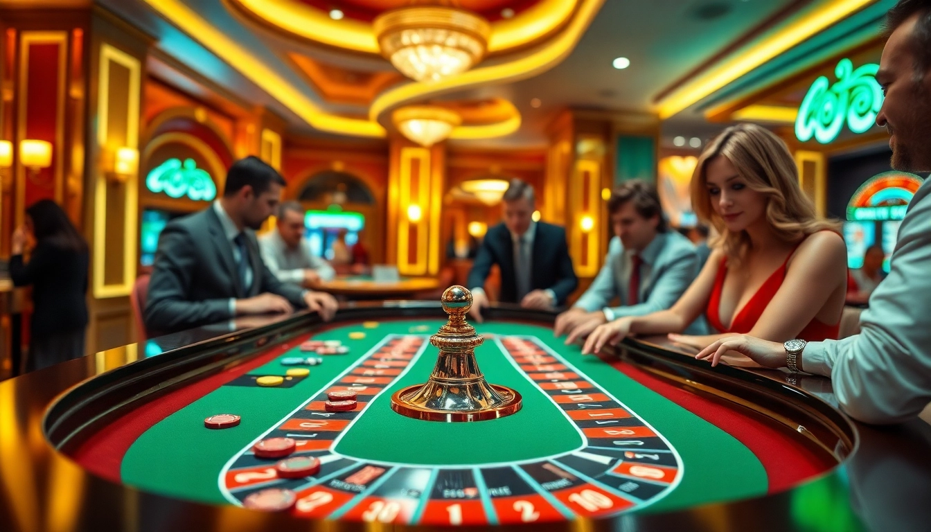Engaging scene at a singapore online casino roulette table with lively players and colorful chips.