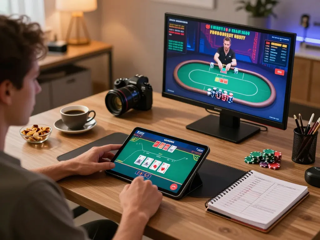 Player participating in SC88 online poker game, showcasing a tablet interface with live dealer gameplay and strategic notes nearby.