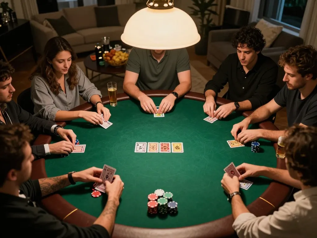 Players strategizing and enjoying a poker game with god55 at home with snacks and drinks.