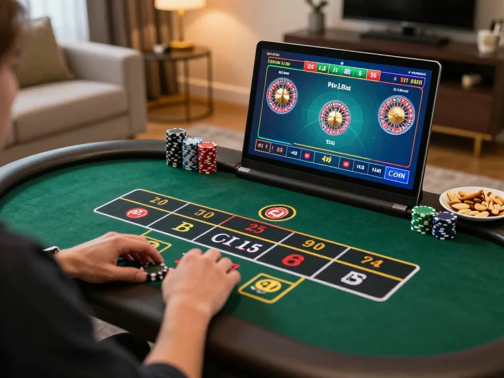 Engaging live dealer roulette on DN88 laptop, showcasing strategic online gambling experience at home.