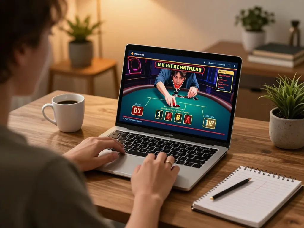 TG88 player engaging in a live dealer game on a laptop at home, showcasing responsible gaming.