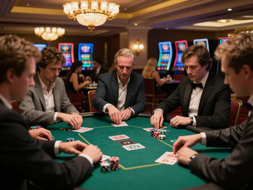Players strategizing at a poker table in a luxurious casino while enjoying slot88 gaming.