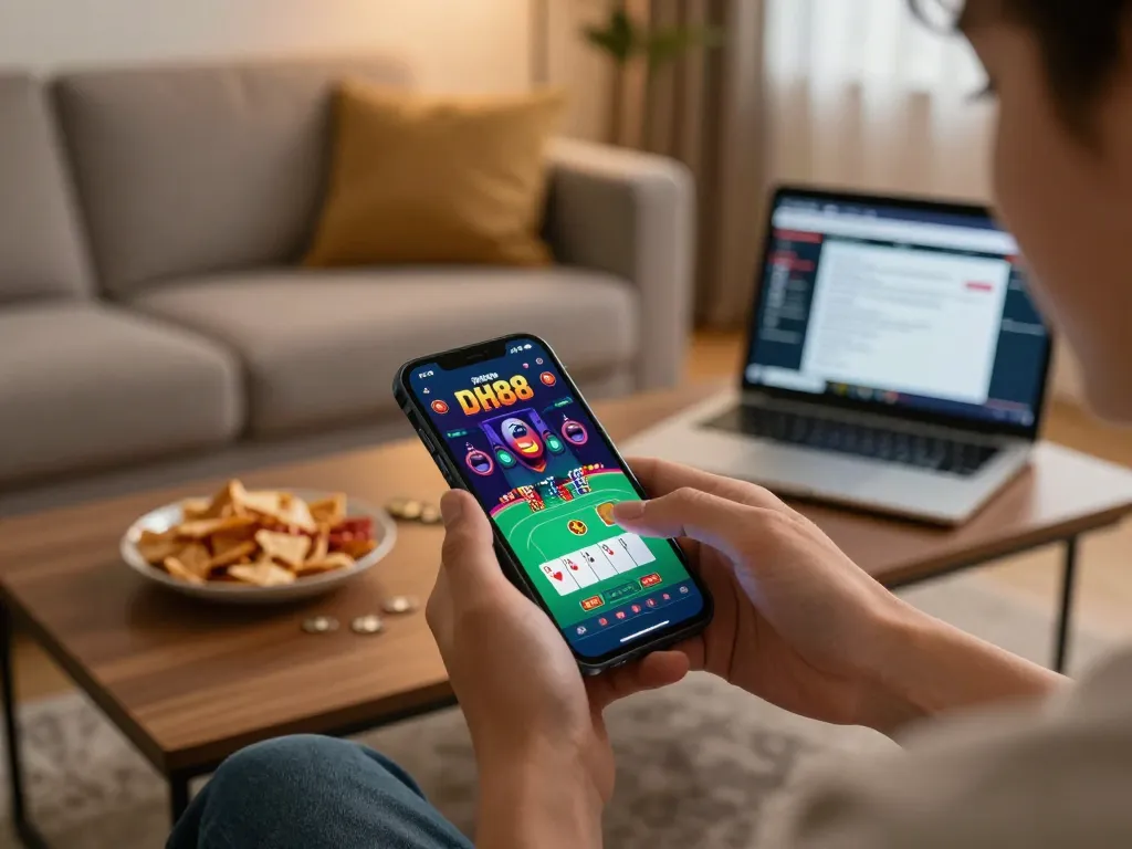 Experience engaging gameplay on the DH88 casino app as a hand interacts with a poker interface in a cozy home setup.