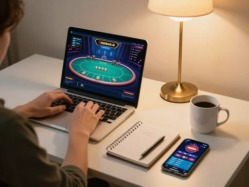 Engaging online gaming experience at Casino MM99, featuring a player using a laptop for poker.